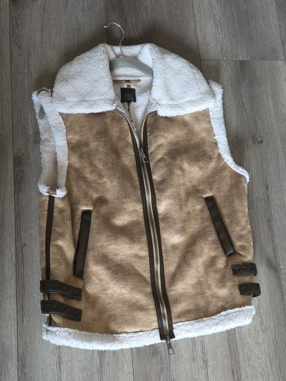 wild fable Tan Suede-Look Sherpa Vest with White Lining